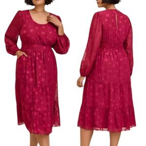 Torrid Beaujolais Burgundy Midi Clip Dot Chiffon Dress Tiered Plus Size 2X